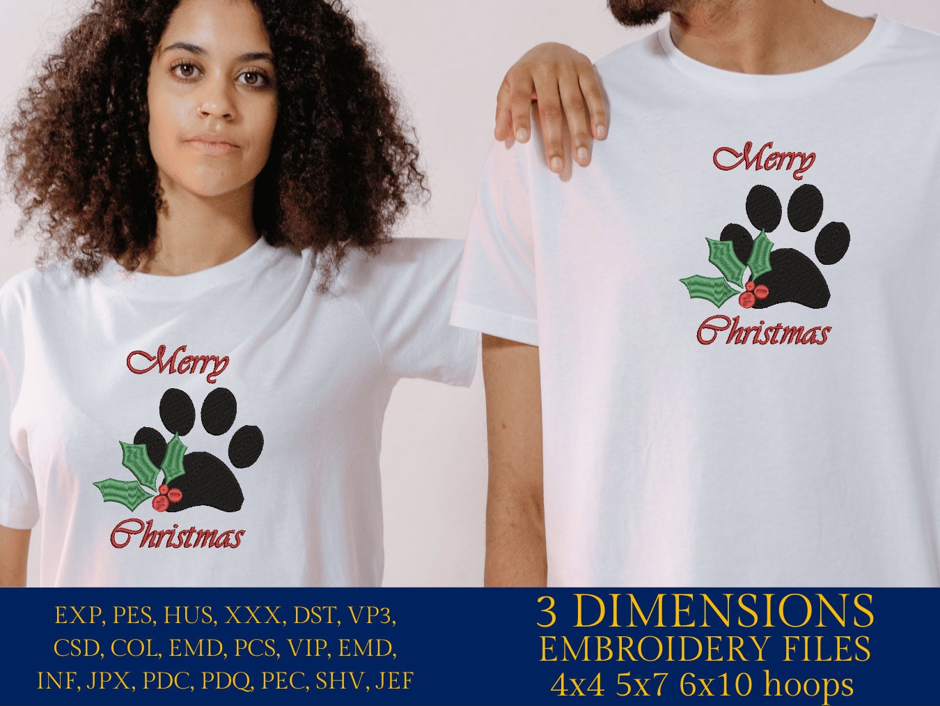 Machine Embroidery files, Merry Christmas Paw Print, PES, DST, xxx, hus and more