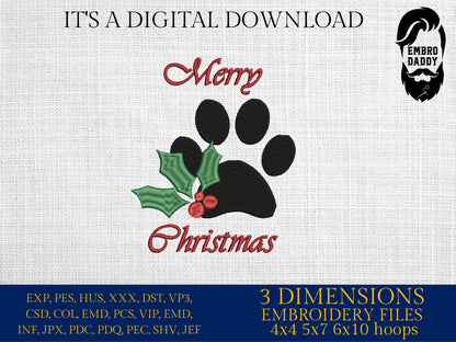 Machine Embroidery files, Merry Christmas Paw Print, PES, DST, xxx, hus and more