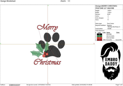 Machine Embroidery files, Merry Christmas Paw Print, PES, DST, xxx, hus and more