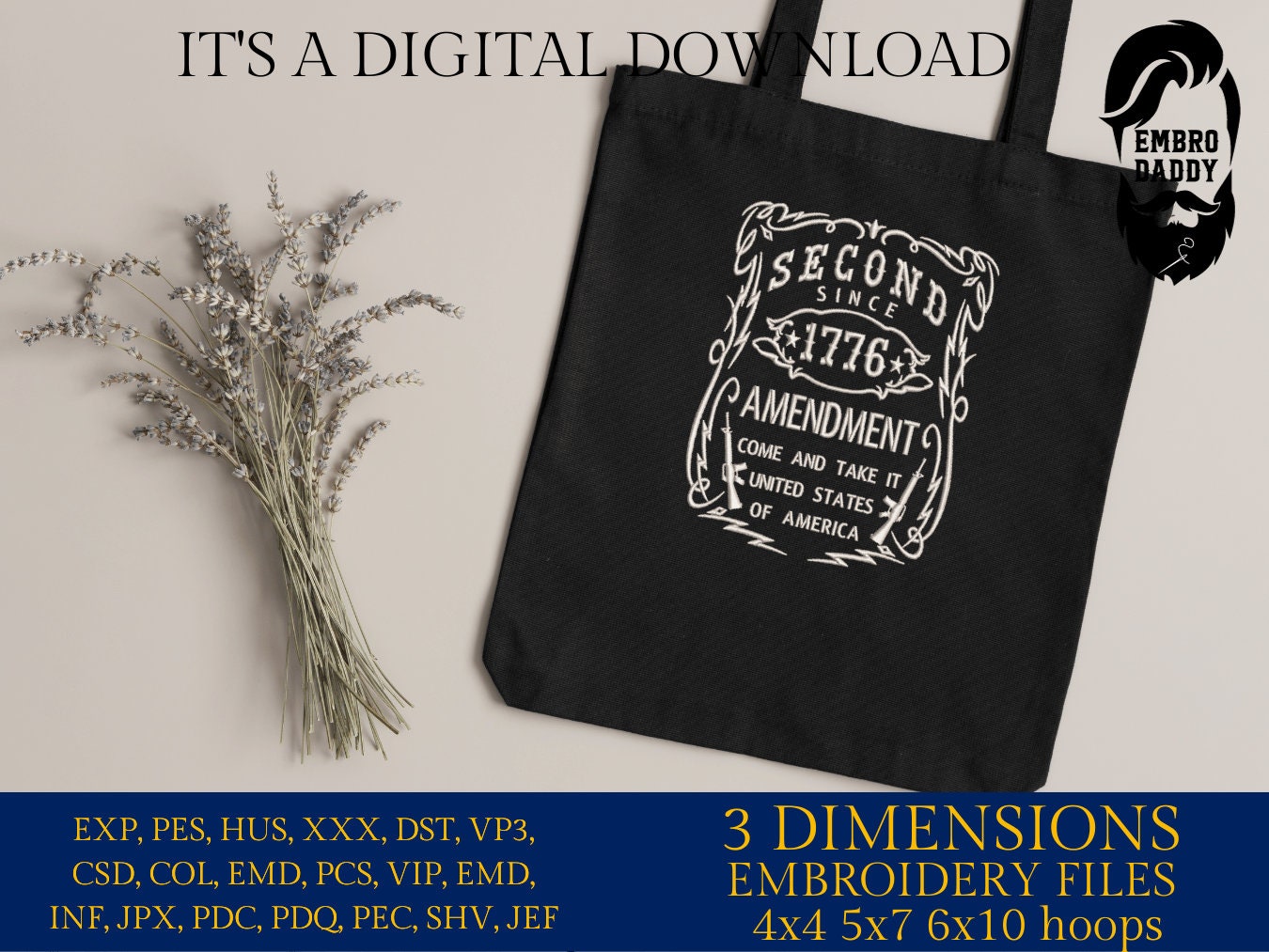 Machine Embroidery files, Second Amendment since 1776, PES, DST, xxx, hus & more