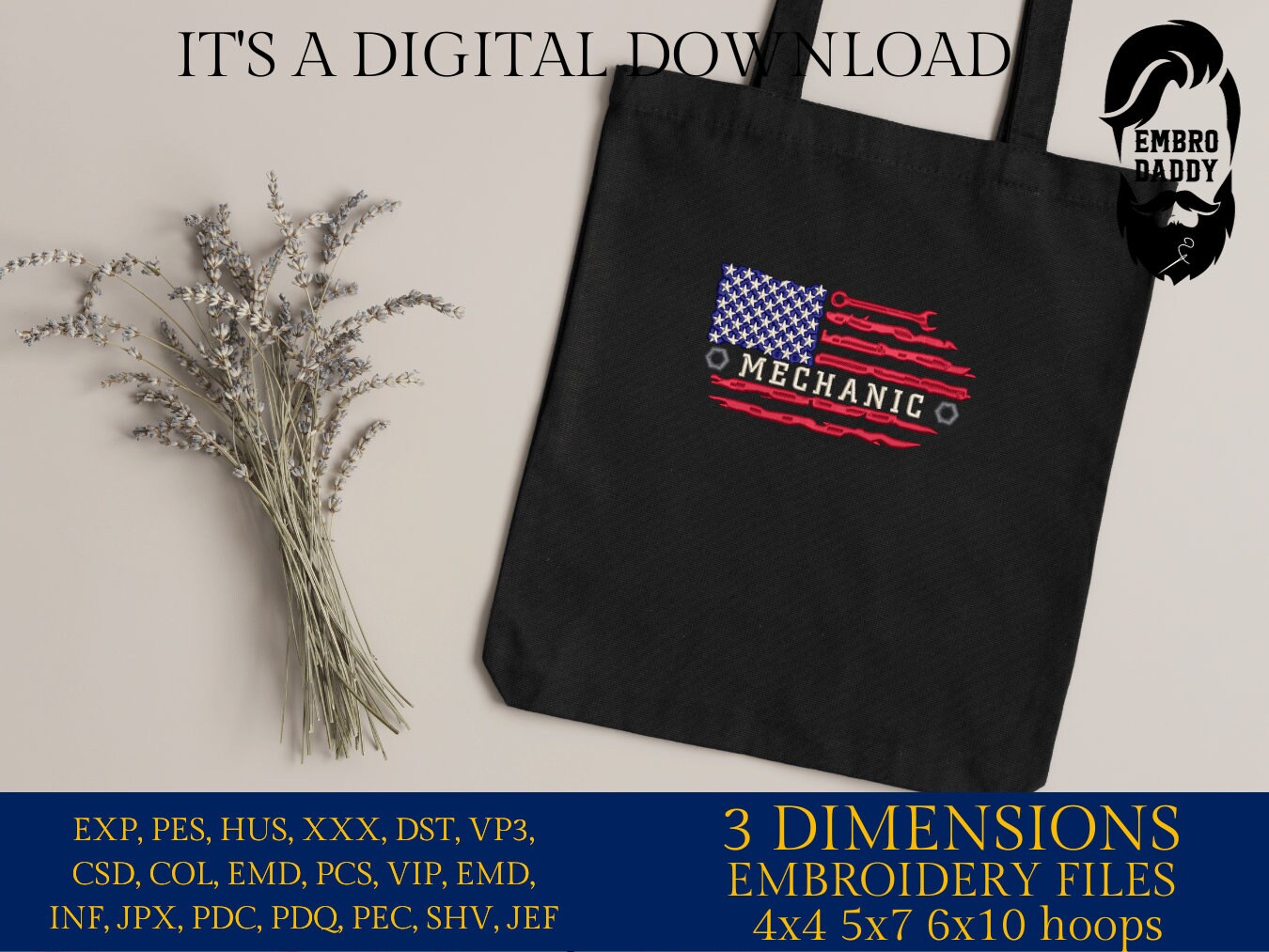 Machine Embroidery files, USA flag Mechanic, PES, DST, xxx, hus & more