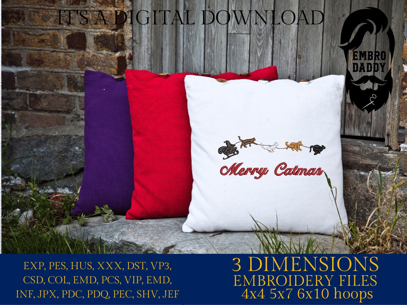 Machine Embroidery files, Merry Catmas, PES, DST, xxx, hus and more