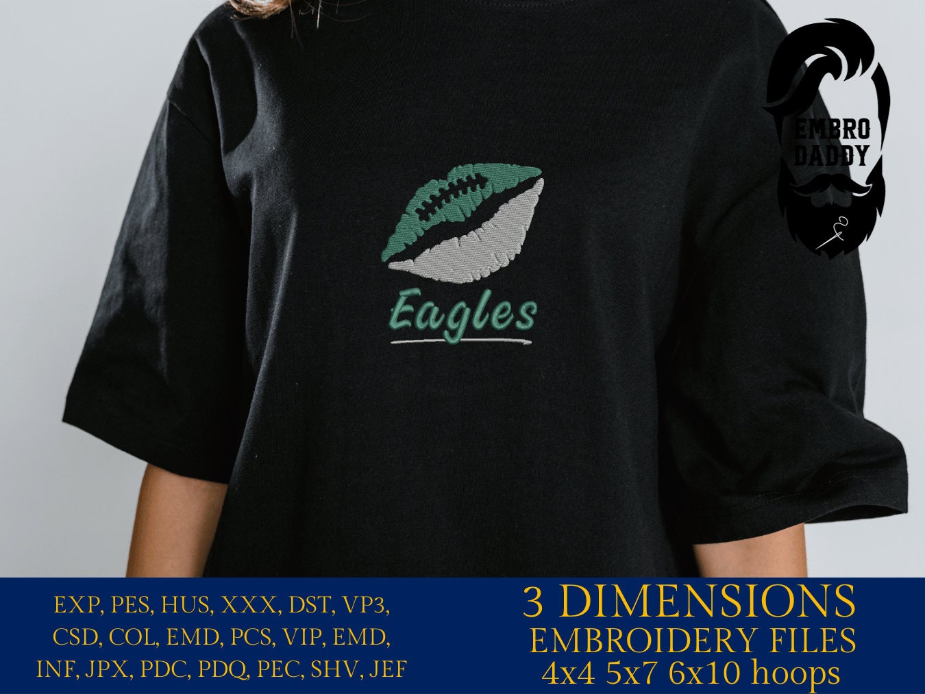 Machine Embroidery, lips Eagles embroidery design, football gift idea PES, xxx, hus & more, fan embroidery files