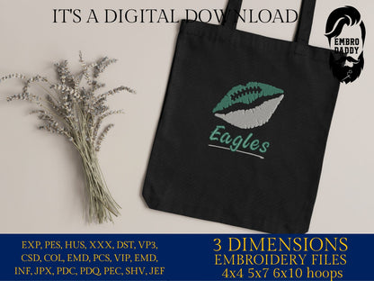 Machine Embroidery, lips Eagles embroidery design, football gift idea PES, xxx, hus & more, fan embroidery files