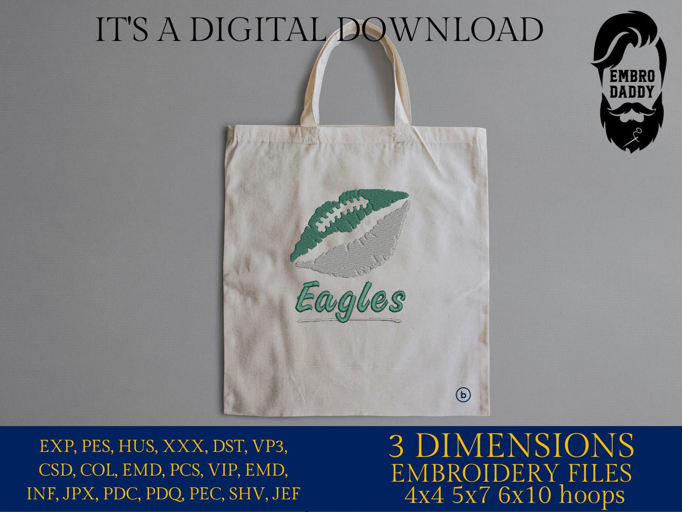 Machine Embroidery, lips Eagles embroidery design, football gift idea PES, xxx, hus & more, fan embroidery files