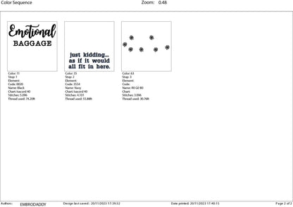 Machine Embroidery files, emotional baggage, DST, PES, xxx, hus & more