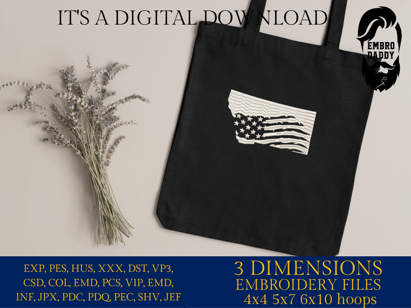 Machine Embroidery files, State of Montana, USA flag, dst, PES, xxx, hus & more