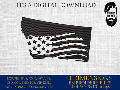 Machine Embroidery files, State of Montana, USA flag, dst, PES, xxx, hus & more