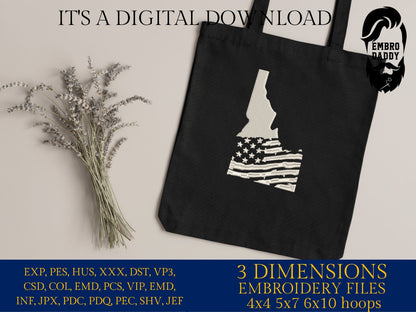 Machine Embroidery files, State of Idaho, USA flag, dst, PES, xxx, hus & more