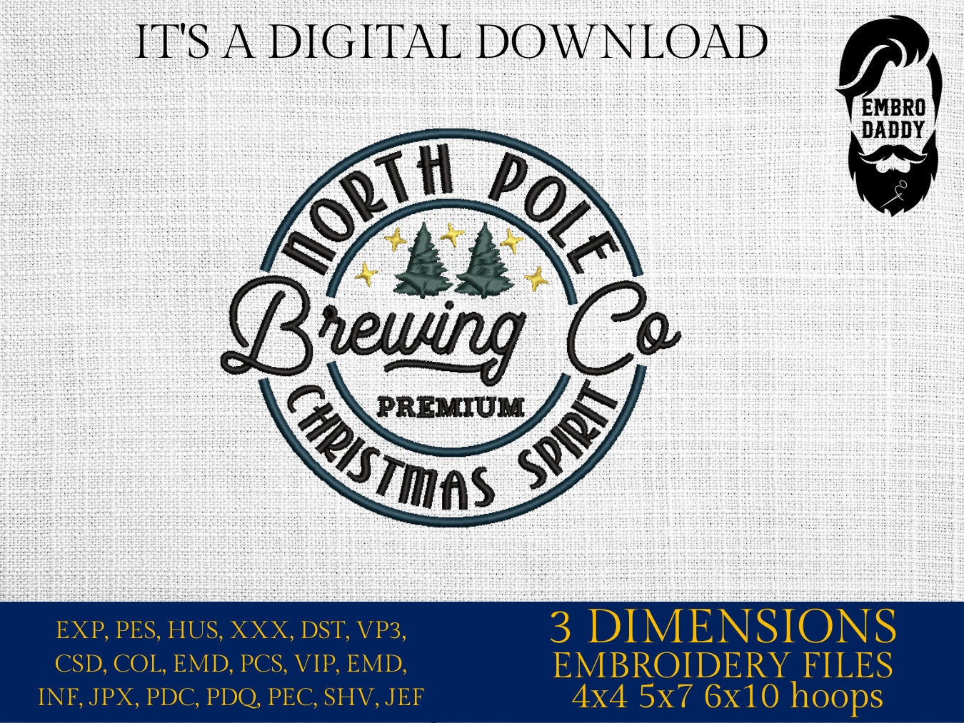 Machine Embroidery files, Noth Pole Brewing, Christmas spirit, PES, DST, xxx, hus and more