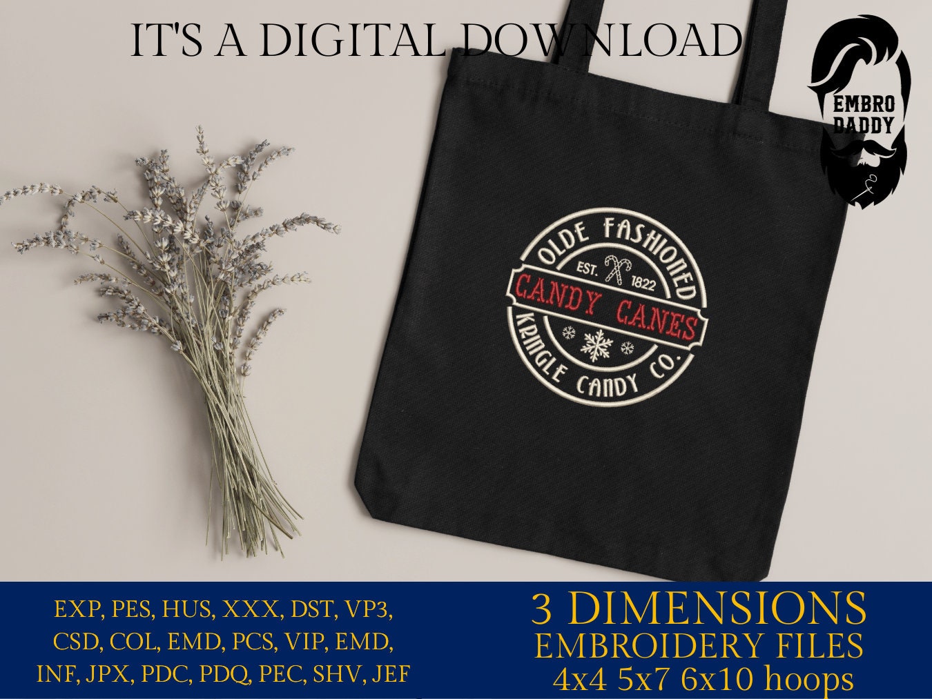 Machine Embroidery files, olde fashioned Candy Canes, PES, DST, xxx, hus and more