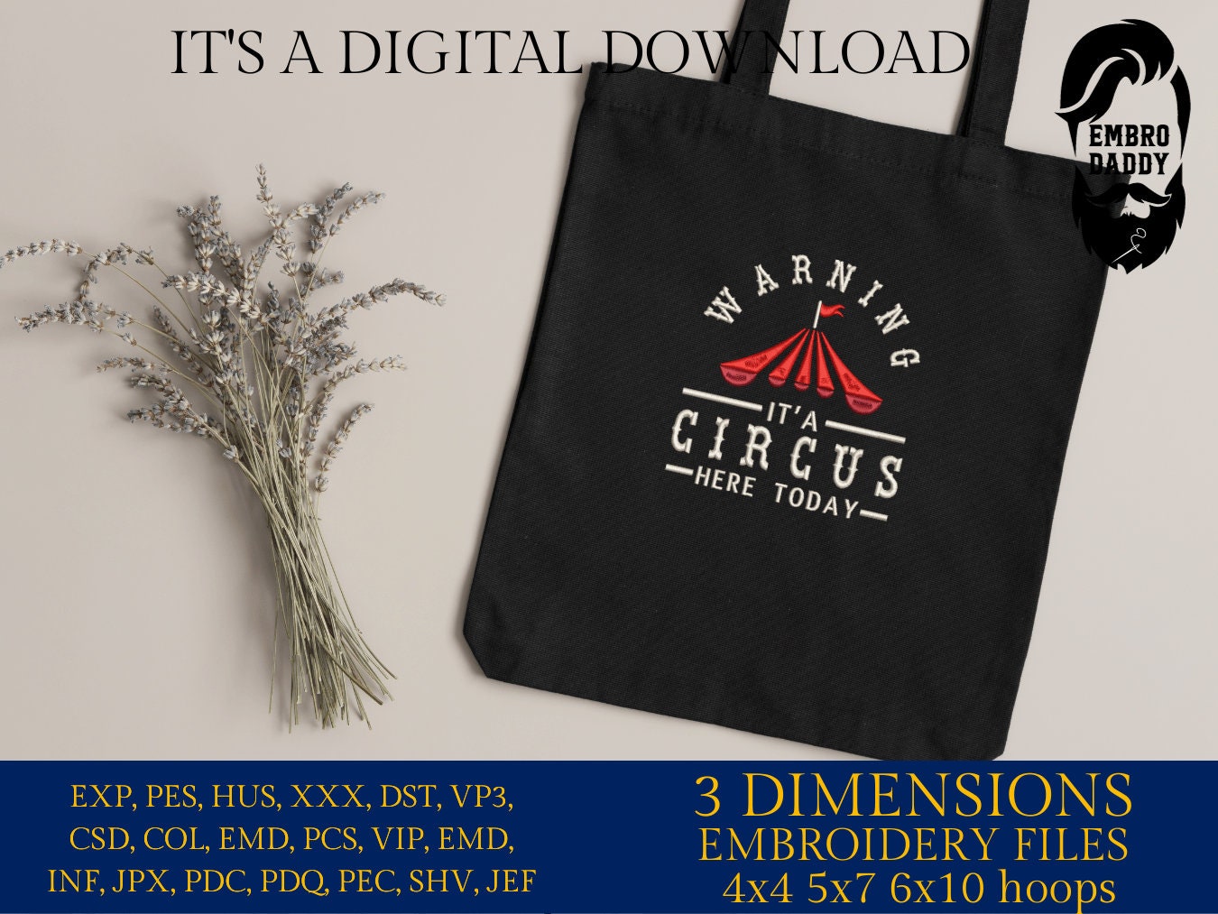 Machine embroidery files, Warning it's a circus here today, PES, DST, xxx, hus & more