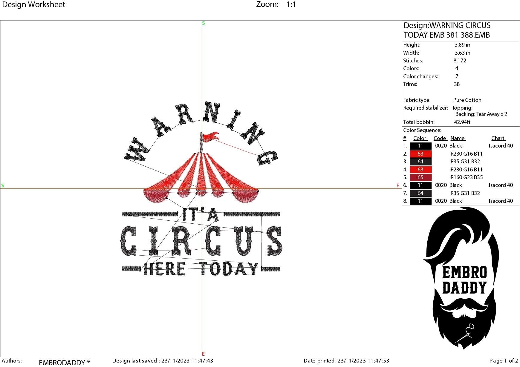 Machine embroidery files, Warning it's a circus here today, PES, DST, xxx, hus & more
