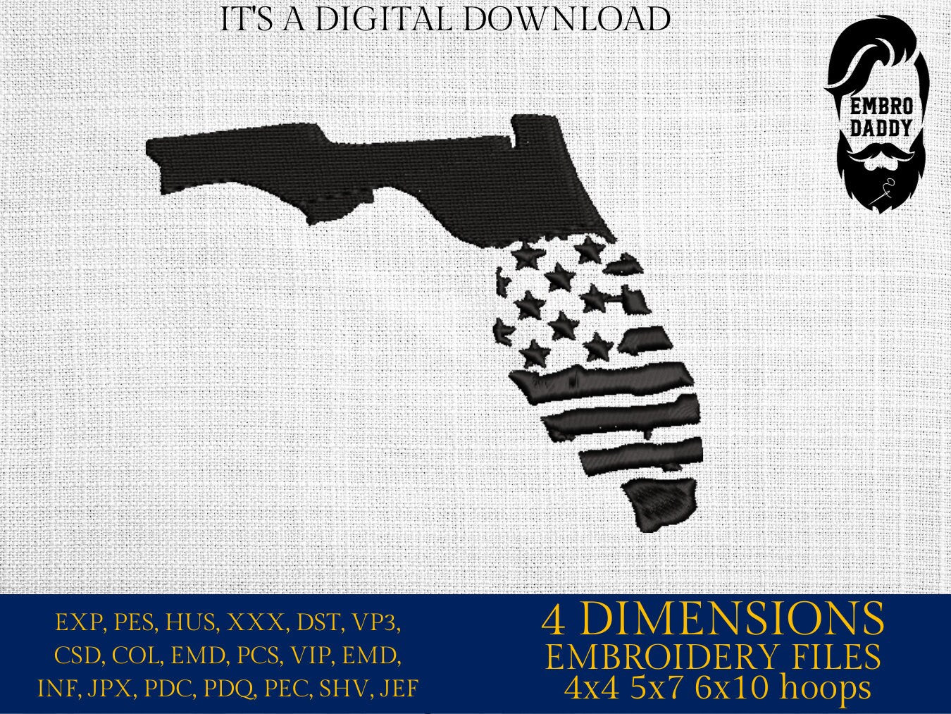 Machine Embroidery files, State of Florida, USA flag, dst, PES, xxx, hus & more