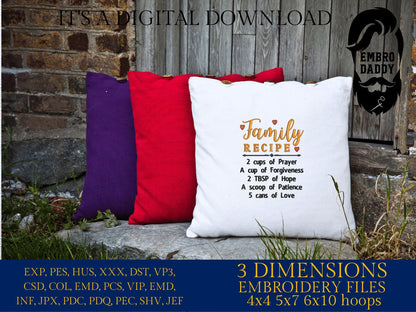 Machine Embroidery files, Family Recipe , PES, DST, xxx, hus and more
