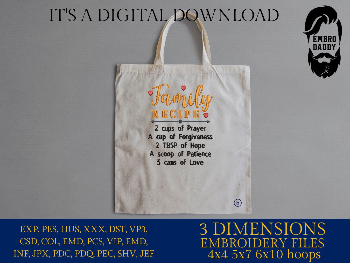 Machine Embroidery files, Family Recipe , PES, DST, xxx, hus and more