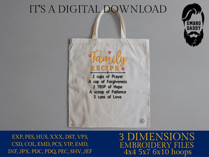 Machine Embroidery files, Family Recipe , PES, DST, xxx, hus and more