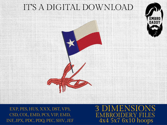 Machine Embroidery files, Crawfish, Texas Flag PES, DST, xxx, hus & more