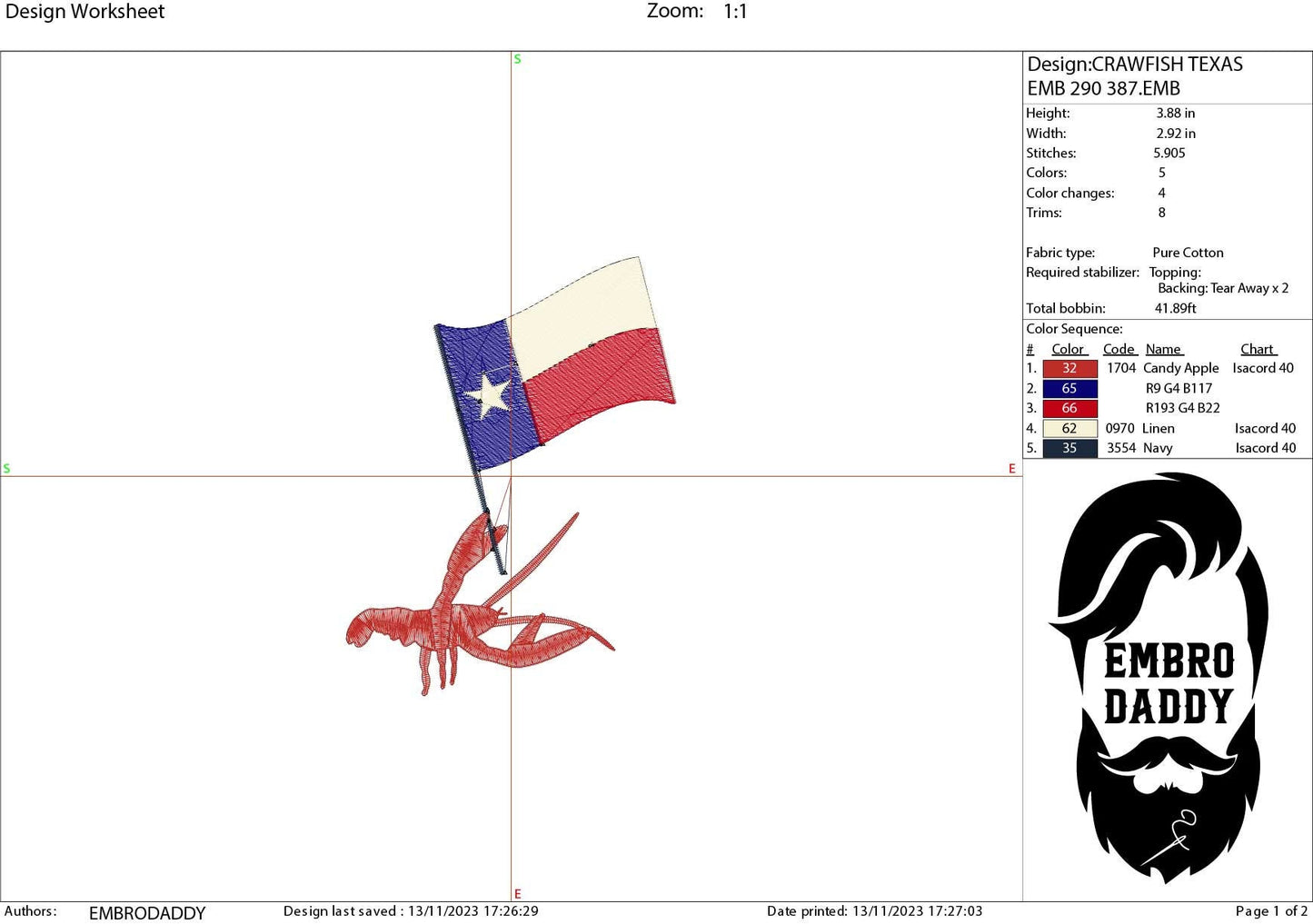 Machine Embroidery files, Crawfish, Texas Flag PES, DST, xxx, hus & more