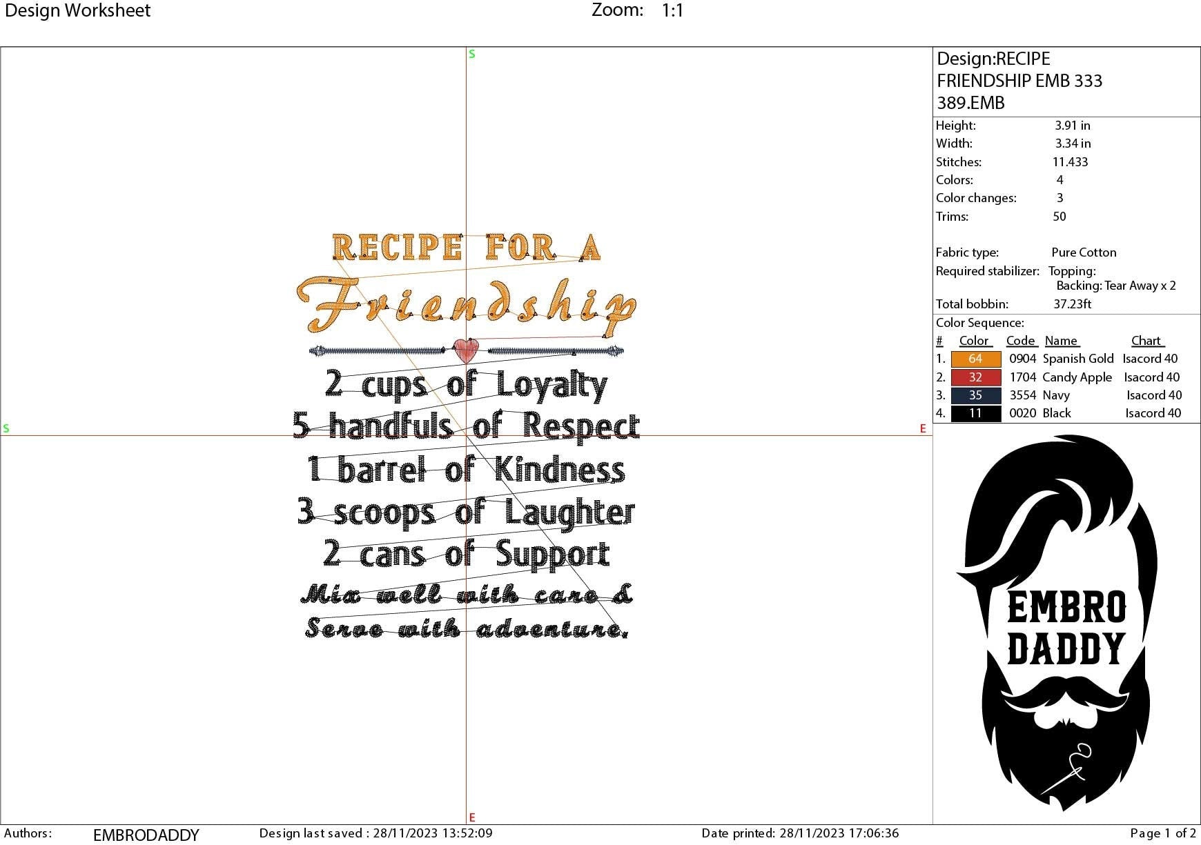 Machine Embroidery files, recipe for a friendship , PES, DST, xxx, hus and more