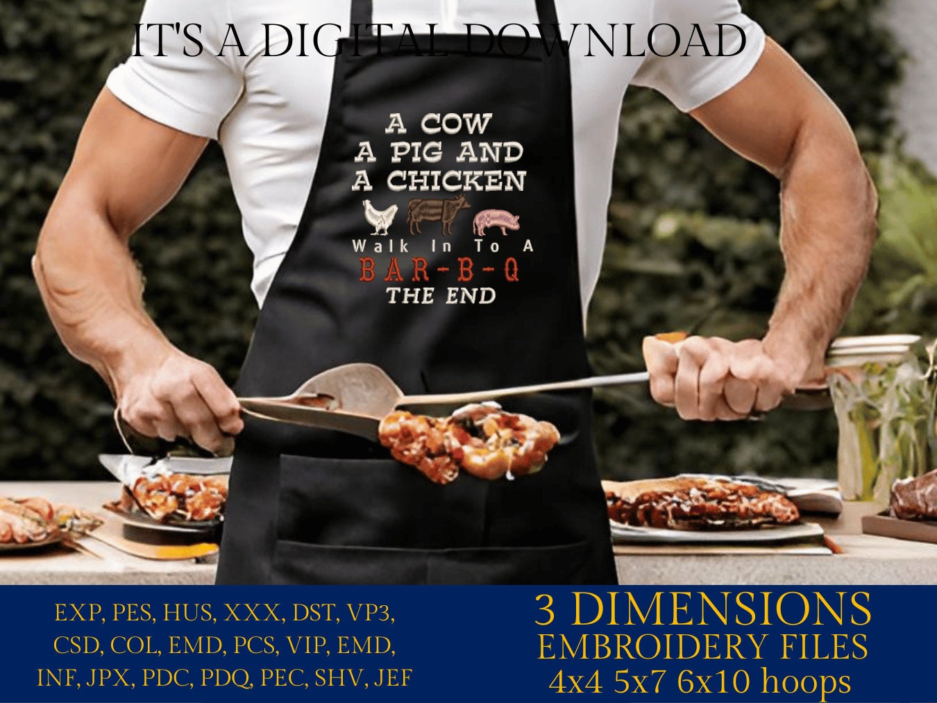 Machine Embroidery files, a cow a pig and a chicken, BBQ, grill, DST, PES, xxx, hus, dst & more
