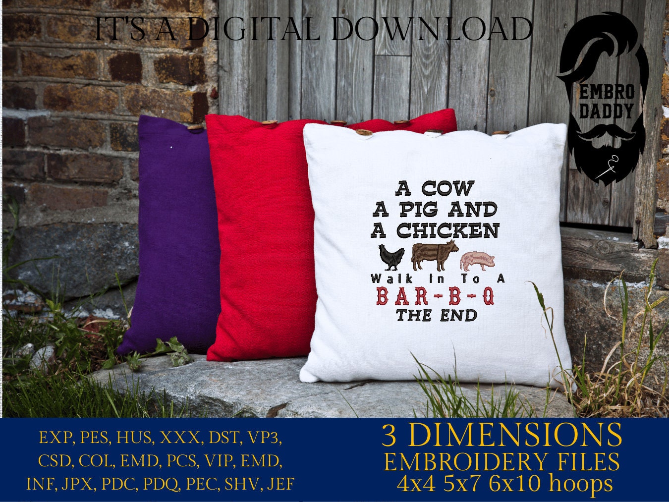 Machine Embroidery files, a cow a pig and a chicken, BBQ, grill, DST, PES, xxx, hus, dst & more