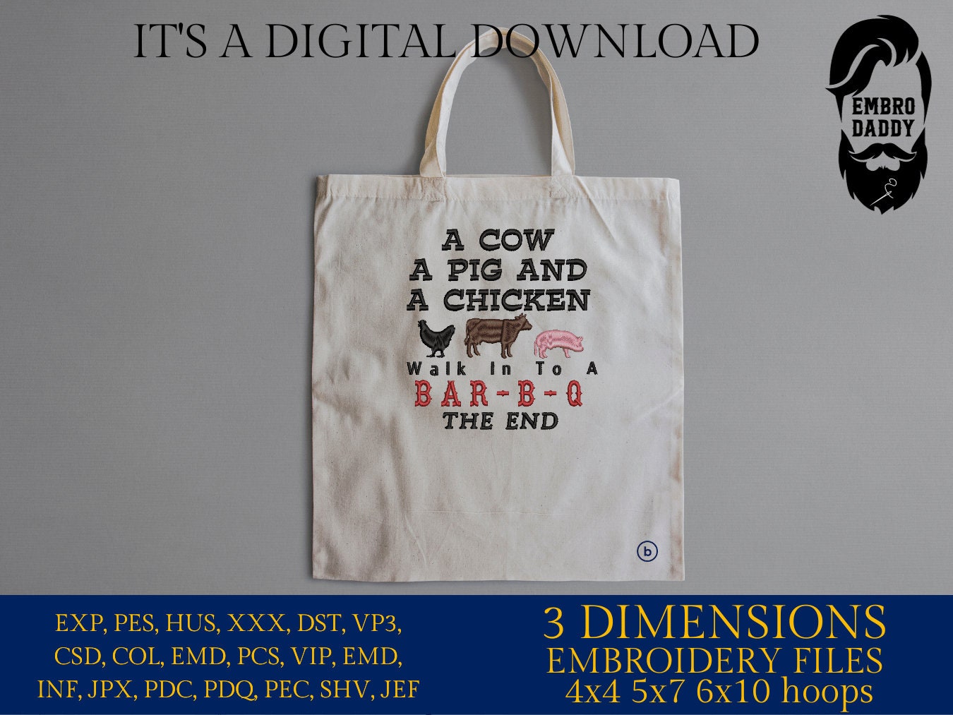 Machine Embroidery files, a cow a pig and a chicken, BBQ, grill, DST, PES, xxx, hus, dst & more