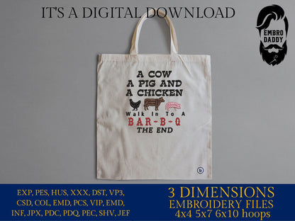 Machine Embroidery files, a cow a pig and a chicken, BBQ, grill, DST, PES, xxx, hus, dst & more