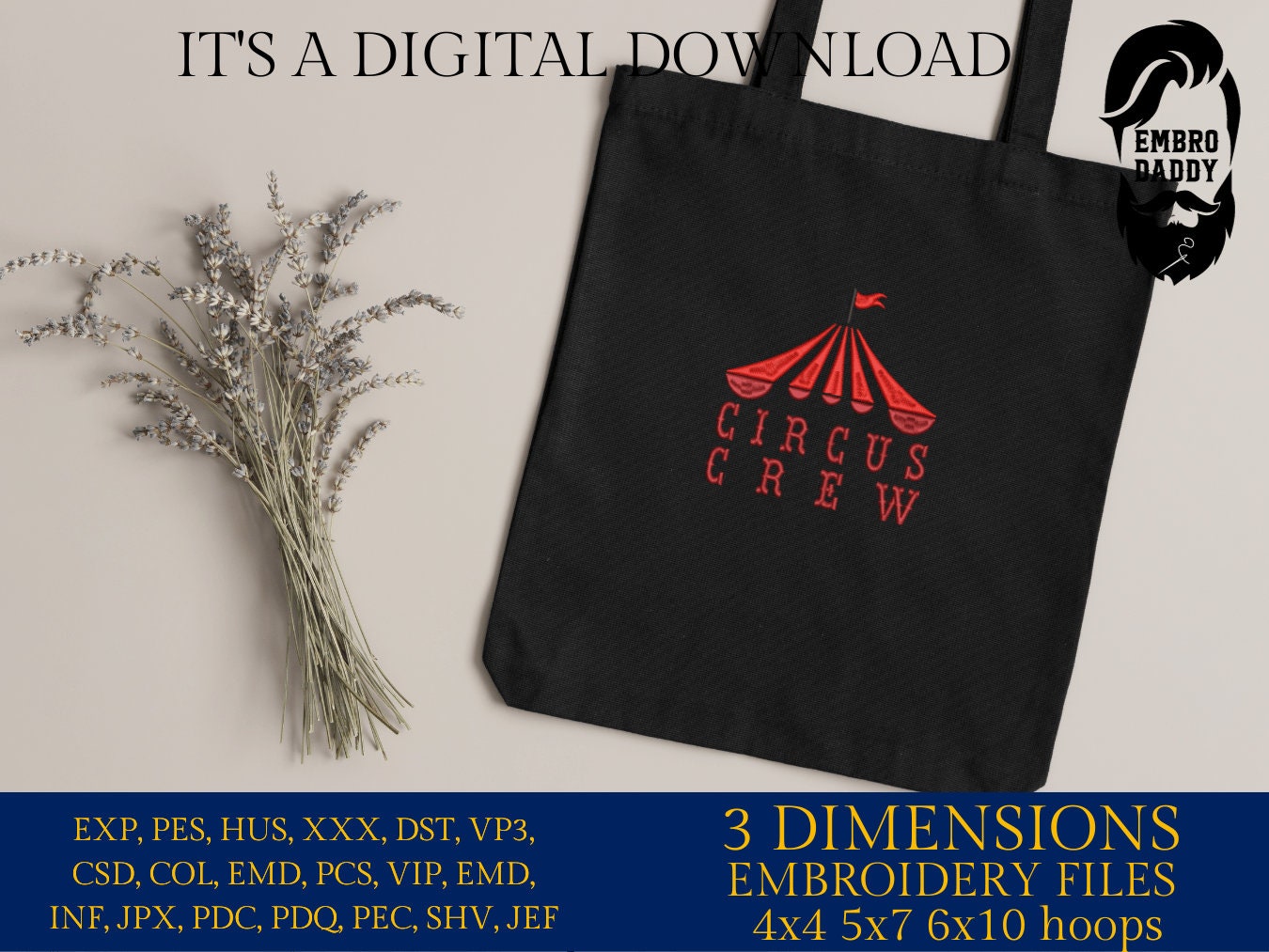 Machine embroidery files, Circus Crew, PES, DST, xxx, hus & more