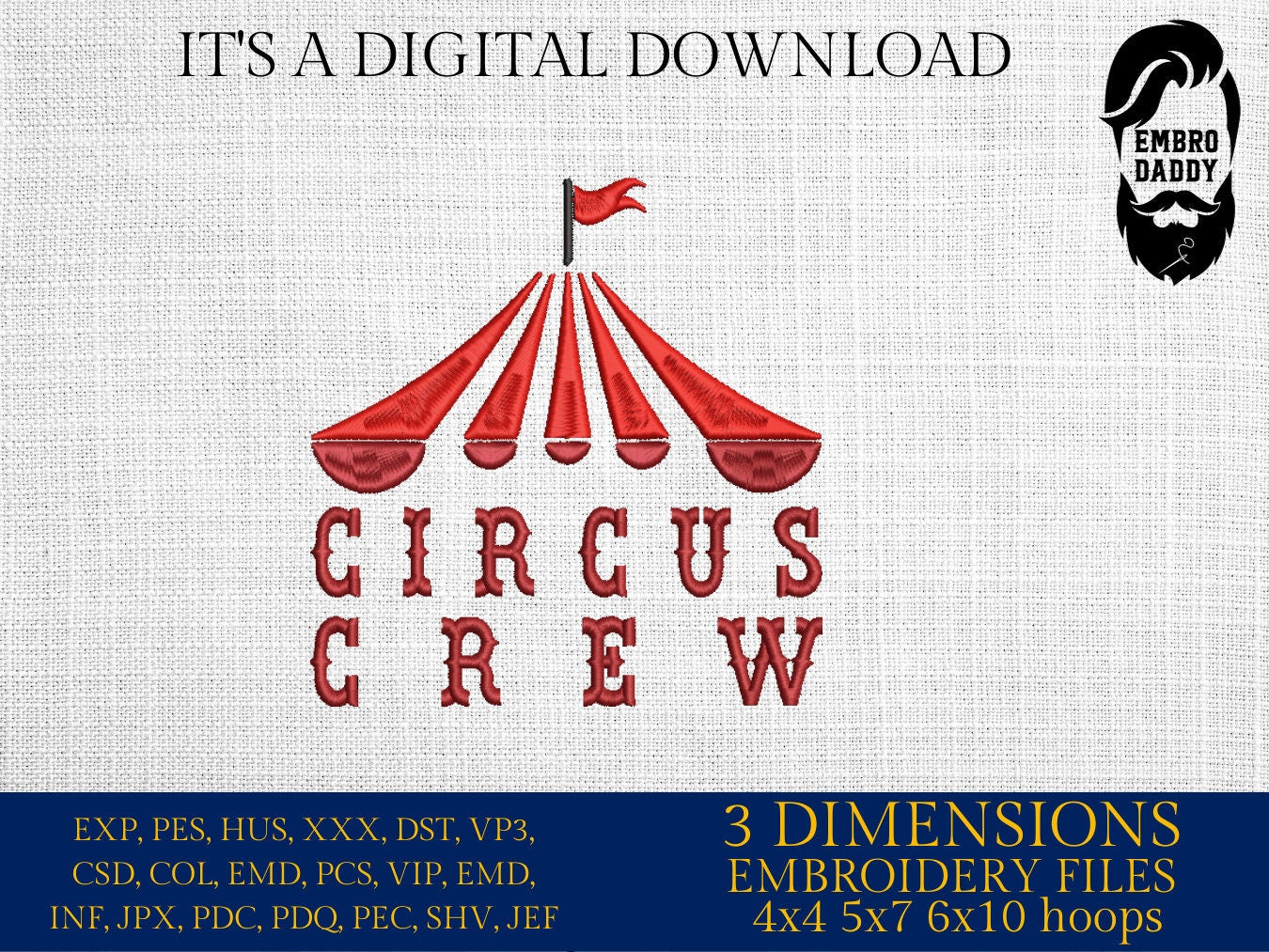 Machine embroidery files, Circus Crew, PES, DST, xxx, hus & more