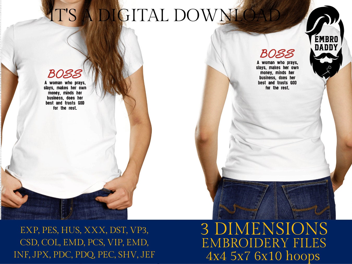 Machine Embroidery files, Boss definition, girl boss, woman boss, business , PES, xxx, hus & more