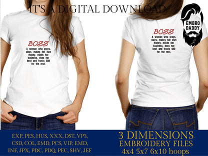 Machine Embroidery files, Boss definition, girl boss, woman boss, business , PES, xxx, hus & more