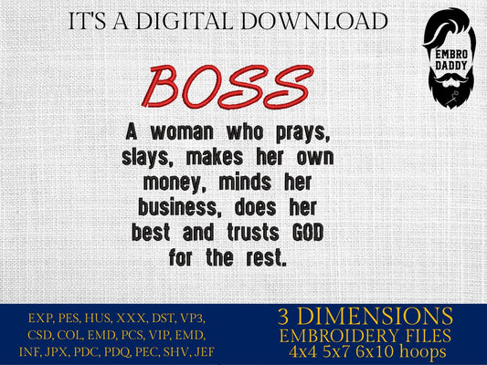 Machine Embroidery files, Boss definition, girl boss, woman boss, business , PES, xxx, hus & more