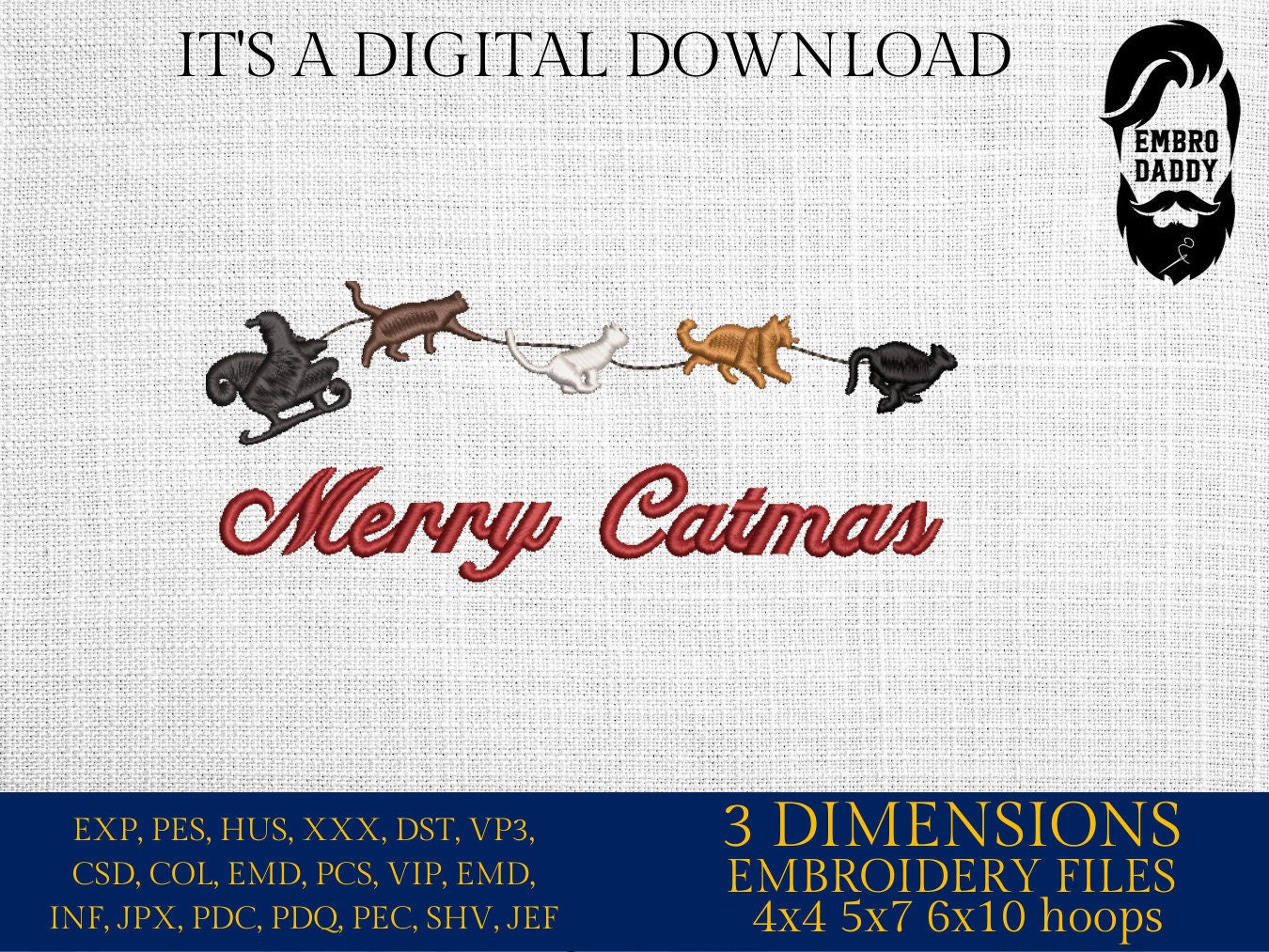 Machine Embroidery files, Merry Catmas, PES, DST, xxx, hus and more