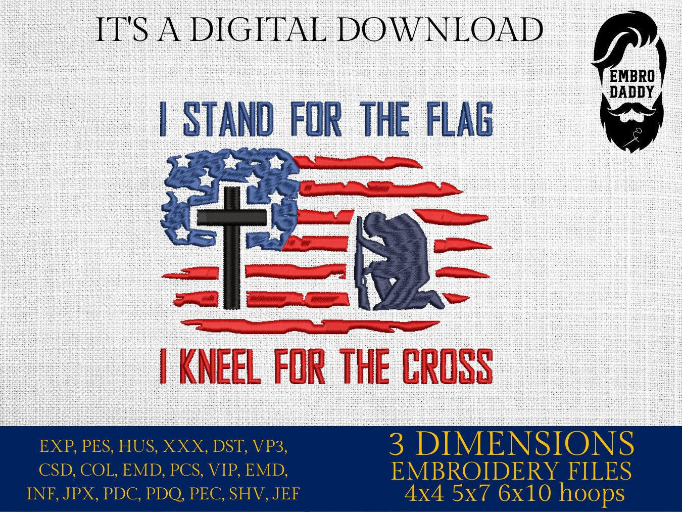 Machine Embroidery files, USA flag, I stand for the flag, DST, PES, xxx, hus & more