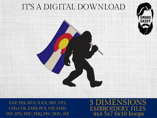 Machine Embroidery files, Colorado Flag, Bigfoot pes, Big Foot, Yeti, Sasquatch PES, xxx, hus & more