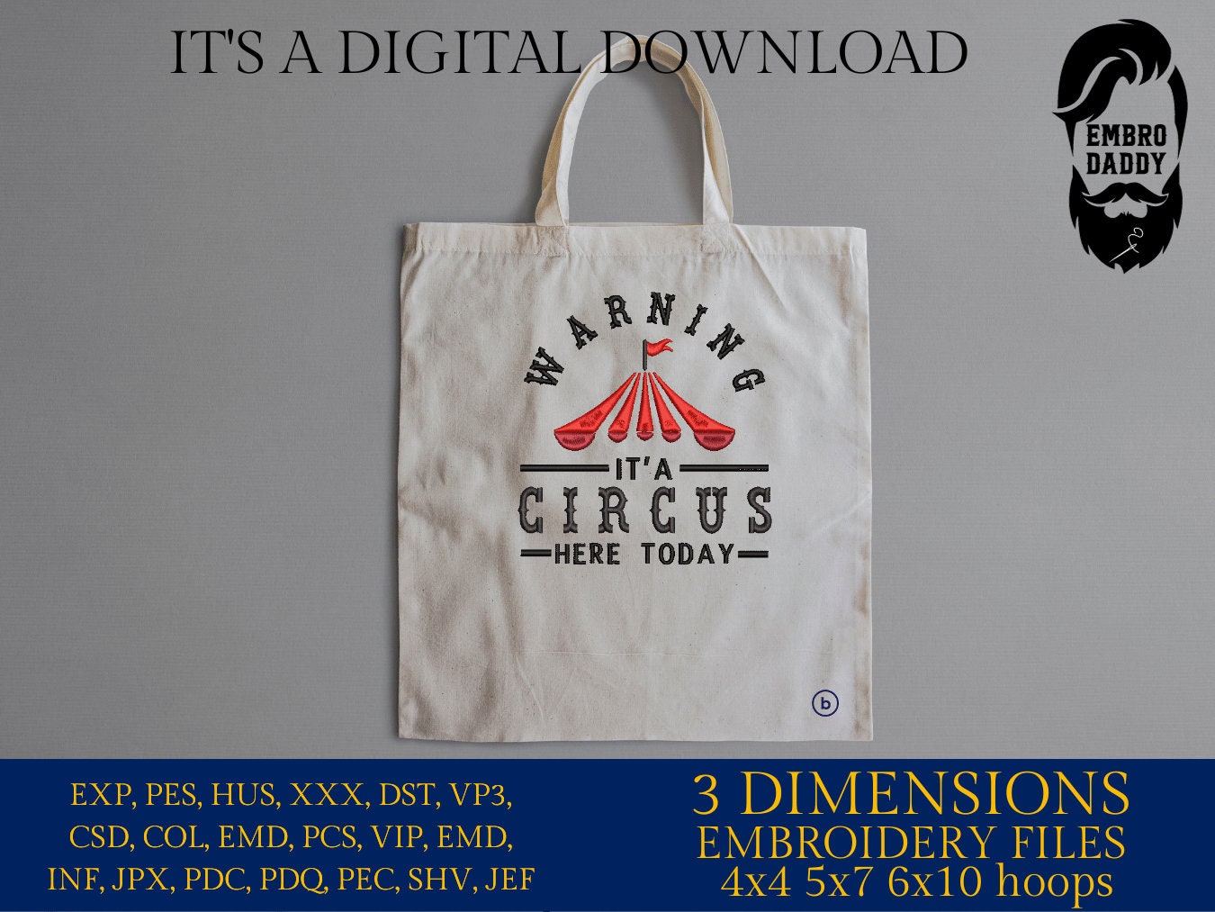 Machine embroidery files, Warning it's a circus here today, PES, DST, xxx, hus & more