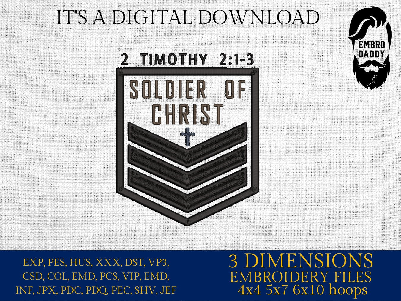 Machine Embroidery files, Soldier of Christ, Timothy, PES, DST, xxx, hus & more