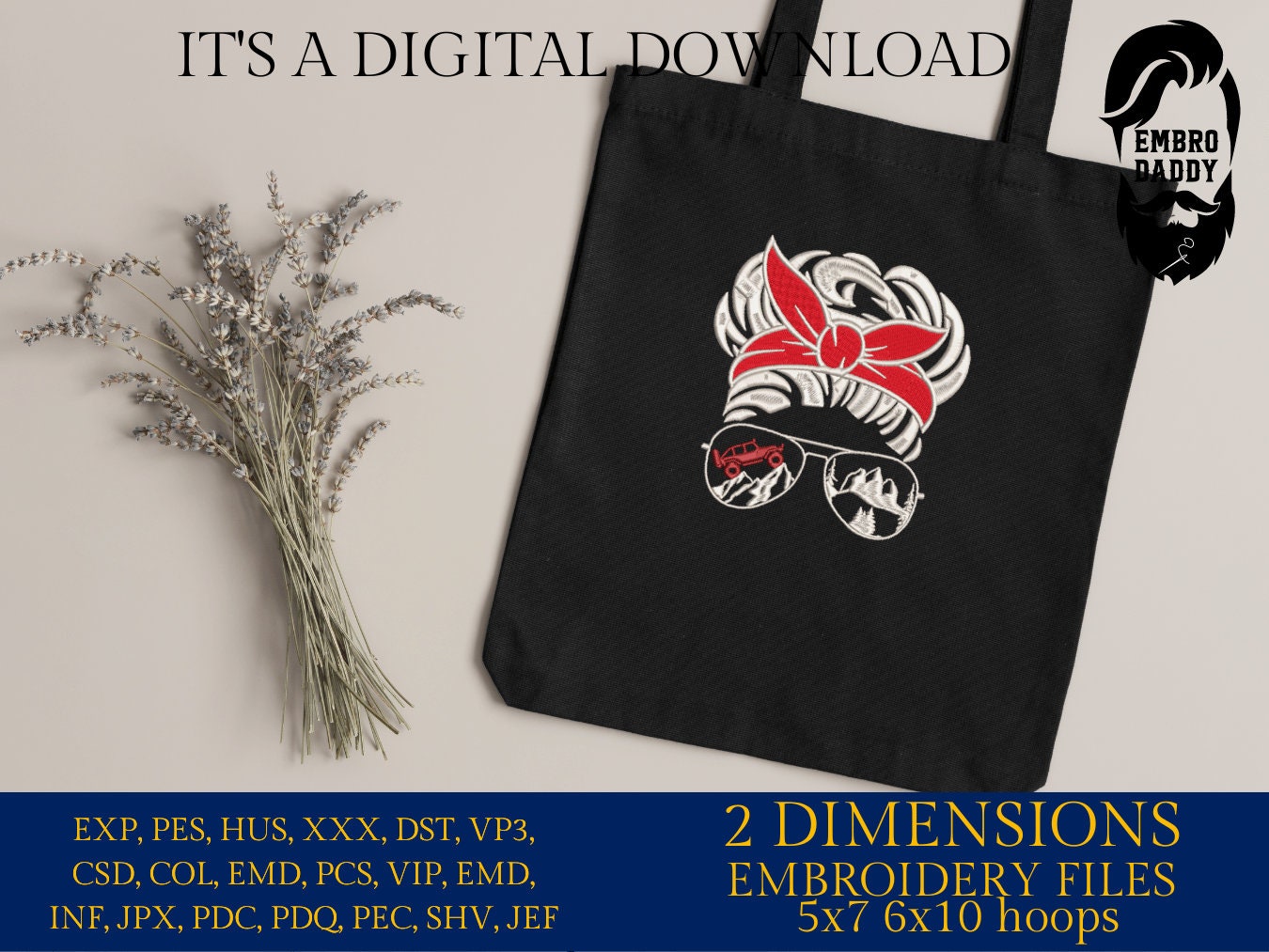 Machine Embroidery files, messy bun Sunglass off road vehicle embroidery files, Gift Idea, PES, xxx, hus & more