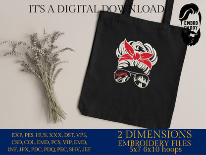 Machine Embroidery files, messy bun Sunglass off road vehicle embroidery files, Gift Idea, PES, xxx, hus & more