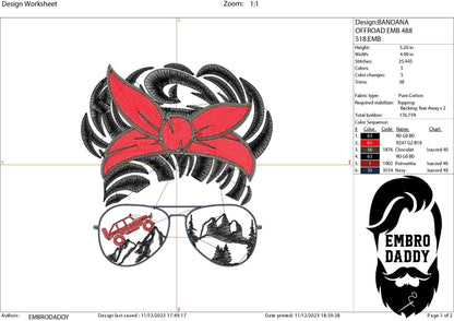 Machine Embroidery files, messy bun Sunglass off road vehicle embroidery files, Gift Idea, PES, xxx, hus & more