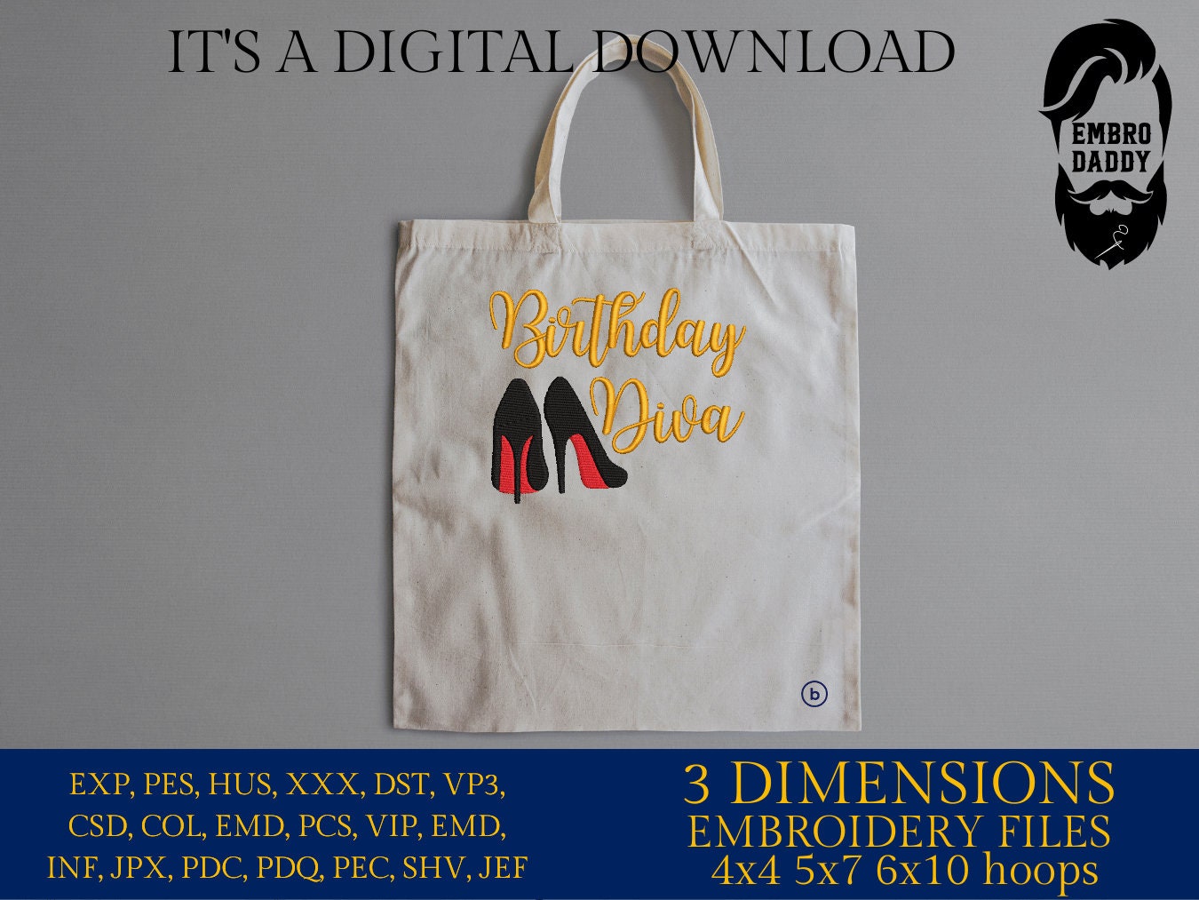 Machine Embroidery files, Birthday Diva, PES, dst, vip, xxx, hus & more