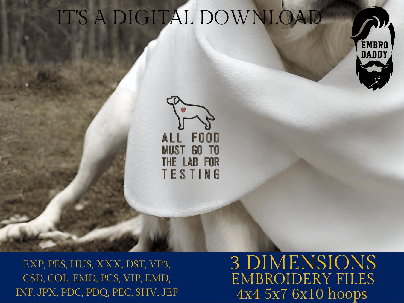 Machine Embroidery files, all food musto go to the lab, pes, hus & more