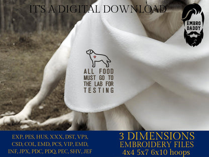 Machine Embroidery files, all food musto go to the lab, pes, hus & more