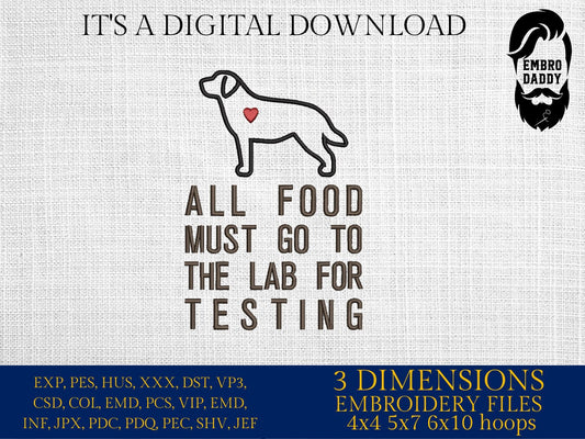 Machine Embroidery files, all food musto go to the lab, pes, hus & more