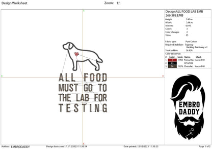Machine Embroidery files, all food musto go to the lab, pes, hus & more