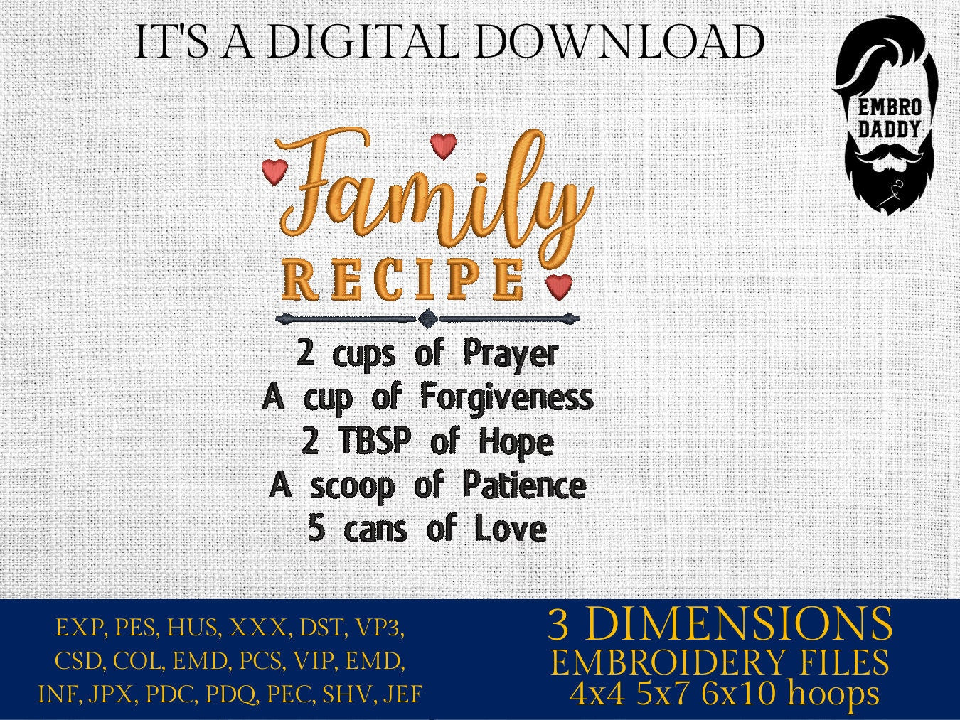 Machine Embroidery files, Family Recipe , PES, DST, xxx, hus and more