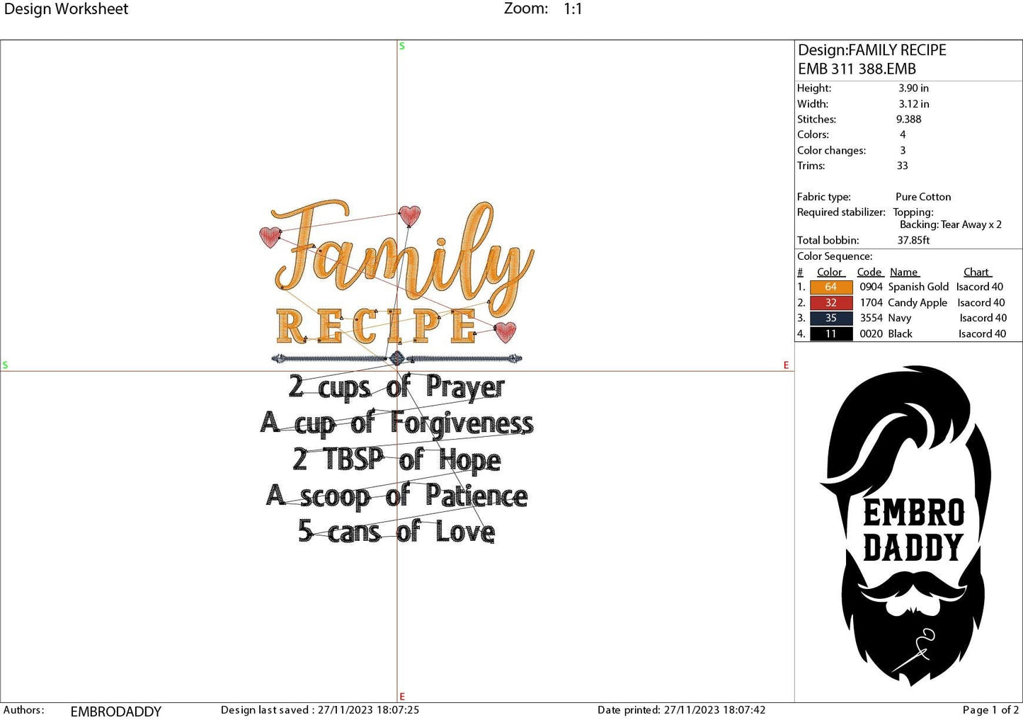 Machine Embroidery files, Family Recipe , PES, DST, xxx, hus and more