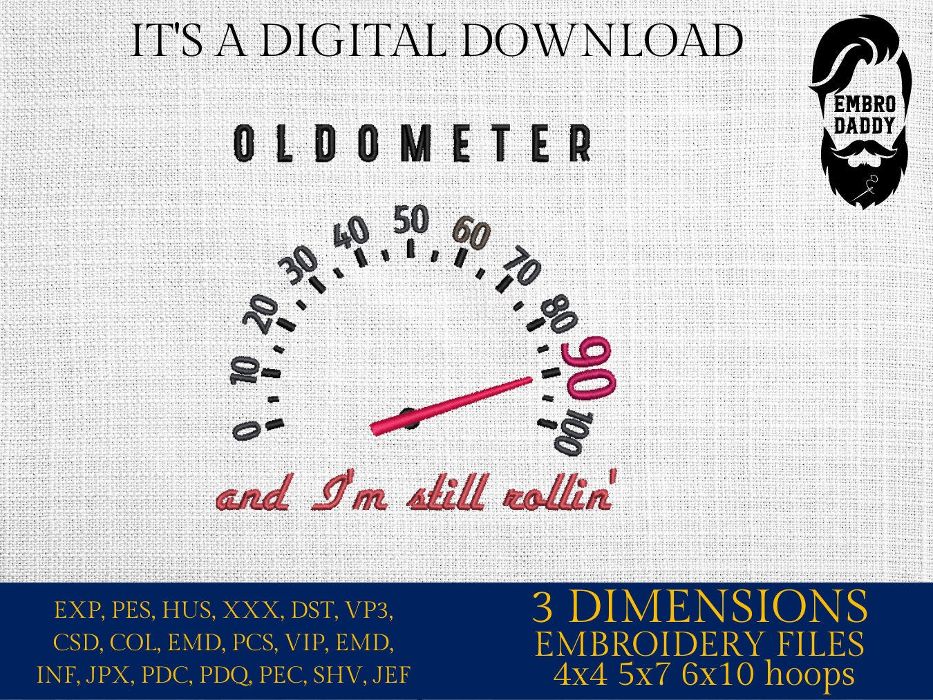 Machine Embroidery files, Oldometer 90 th birthday , 90 years old funny, gift idea PES, xxx, hus & more