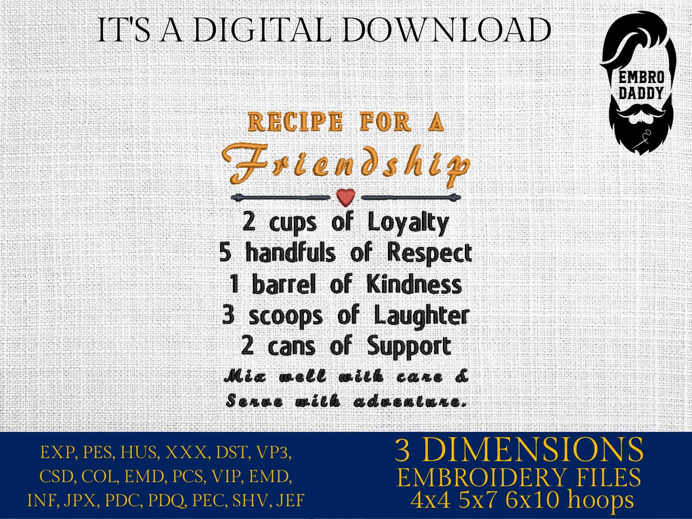 Machine Embroidery files, recipe for a friendship , PES, DST, xxx, hus and more